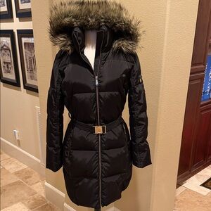 Michael Kors Black Puffer Down Coat with Fur Trim